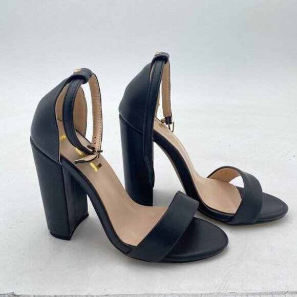 FSJ Black Chunky High Heel Sandals Open Toe Ankle Strap Single Band Dress Shoe - Picture 4 of 8
